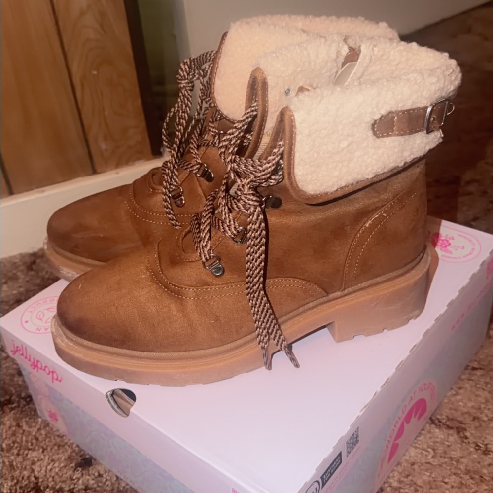 Jellypop Brown Lace-Up Women's Boots with Faux Shearling Cuff